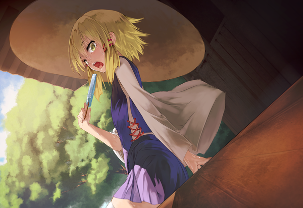 Anime picture 1600x1100 with touhou moriya suwako ibuki notsu single looking at viewer short hair open mouth blonde hair sitting yellow eyes wide sleeves dutch angle turning head girl skirt plant (plants) hat tree (trees) food sweets