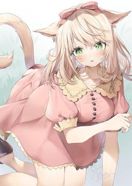 Anime picture 2005x2832 with final fantasy final fantasy xiv square enix miqo'te yana mori single long hair tall image looking at viewer fringe highres open mouth blonde hair hair between eyes green eyes signed animal ears tail animal tail cat ears