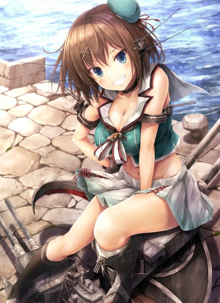 Anime picture 724x996 with kantai collection maya heavy cruiser suien single tall image blush short hair blue eyes light erotic smile brown hair cleavage revision girl skirt hair ornament weapon miniskirt boots x hair ornament