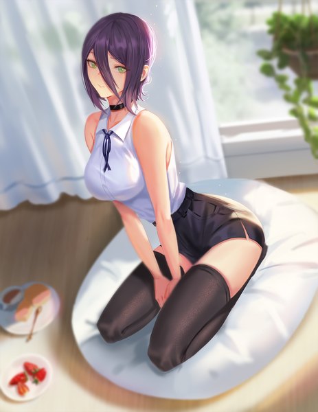 Anime picture 950x1230 with chainsaw man mappa reze (chainsaw man) dongfangzhong111 single tall image looking at viewer blush fringe short hair breasts light erotic hair between eyes large breasts sitting bare shoulders green eyes payot purple hair full body