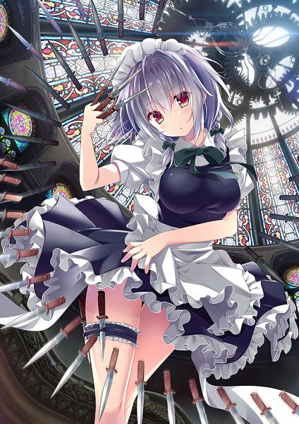 Anime picture 778x1100 with touhou izayoi sakuya kino (kino konomi) single tall image looking at viewer fringe short hair breasts red eyes large breasts standing silver hair braid (braids) parted lips head tilt sunlight short sleeves maid twin braids