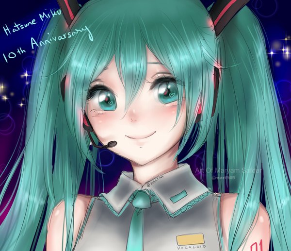 Anime picture 3000x2585 with vocaloid hatsune miku mari945 single long hair looking at viewer blush fringe highres simple background smile hair between eyes twintails bare shoulders signed payot upper body aqua eyes aqua hair sparkle