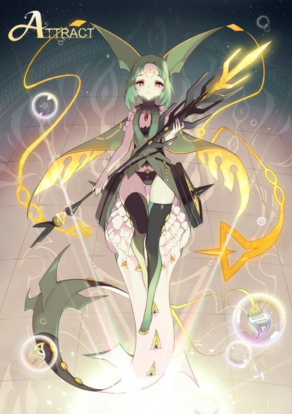 Anime picture 650x919 with pokemon moemon pokemon (game) pokemon oras nintendo rayquaza mega rayquaza 1000marie single tall image looking at viewer short hair light erotic red eyes bare shoulders animal ears tail animal tail green hair glowing