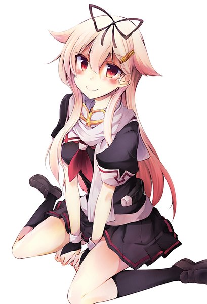 Anime picture 700x1026 with kantai collection yuudachi destroyer amano chiharu single long hair tall image looking at viewer blush fringe simple background blonde hair smile hair between eyes red eyes white background sitting wariza remodel (kantai collection) girl skirt