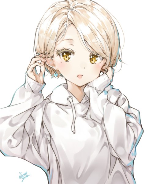 Anime picture 1488x1834 with original takenoko no you single tall image short hair open mouth simple background blonde hair white background signed yellow eyes upper body adjusting hair girl earrings hood hoodie