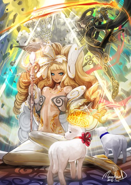 Anime picture 1018x1440 with original morechand long hair tall image open mouth blue eyes light erotic black hair blonde hair red eyes sitting signed sky cloud (clouds) horn (horns) sunlight girl boy navel ribbon (ribbons)