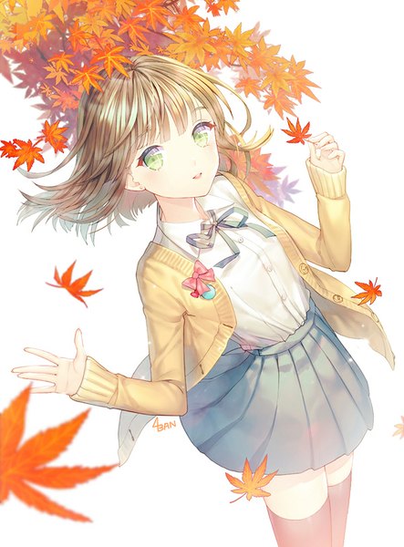 Anime picture 600x811 with original saban single long hair tall image looking at viewer fringe simple background blonde hair white background green eyes signed parted lips from above wind autumn girl thighhighs skirt uniform