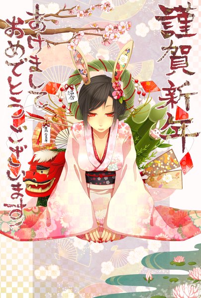Anime picture 1181x1748 with original hasumi shizuko single tall image short hair black hair red eyes animal ears traditional clothes japanese clothes bunny ears cherry blossoms girl flower (flowers) plant (plants) tree (trees) kimono mask fan