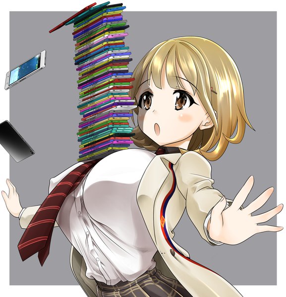 Anime picture 999x1038 with occultic;nine a-1 pictures narusawa ryouka urai tami (uraimin) tall image blush fringe short hair breasts open mouth light erotic blonde hair brown eyes grey background huge breasts looking up spread arms framed tawawa challenge girl