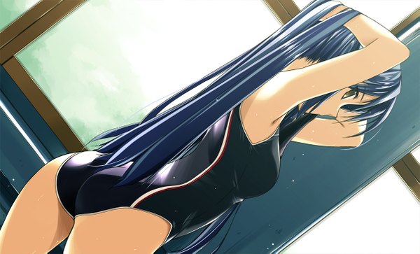 Anime picture 1205x731 with eiyuu densetsu falcom (studio) laura s arseid shikei single long hair looking at viewer light erotic wide image blue hair ass grey eyes dutch angle adjusting hair tying hair girl swimsuit window one-piece swimsuit black swimsuit