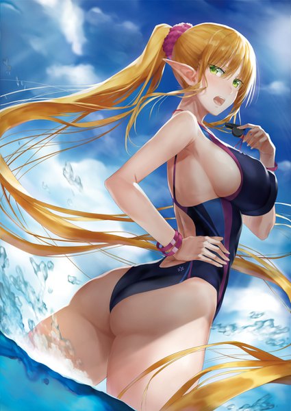Anime picture 860x1214 with original akitaka akita single tall image looking at viewer blush fringe breasts open mouth light erotic blonde hair large breasts standing bare shoulders holding green eyes payot sky cloud (clouds) outdoors
