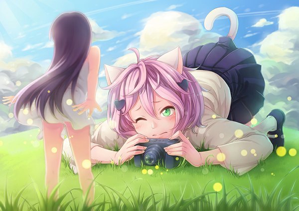 Anime picture 919x650 with original cat bell long hair blush short hair standing bare shoulders multiple girls green eyes animal ears pink hair sky purple hair cloud (clouds) tail animal tail pleated skirt one eye closed aqua eyes wind