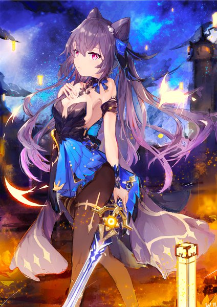 Anime picture 1754x2481 with genshin impact keqing (genshin impact) keqing (opulent splendor) (genshin impact) user akfg5583 single long hair tall image looking at viewer blush fringe highres breasts light erotic hair between eyes purple eyes twintails bare shoulders payot purple hair night