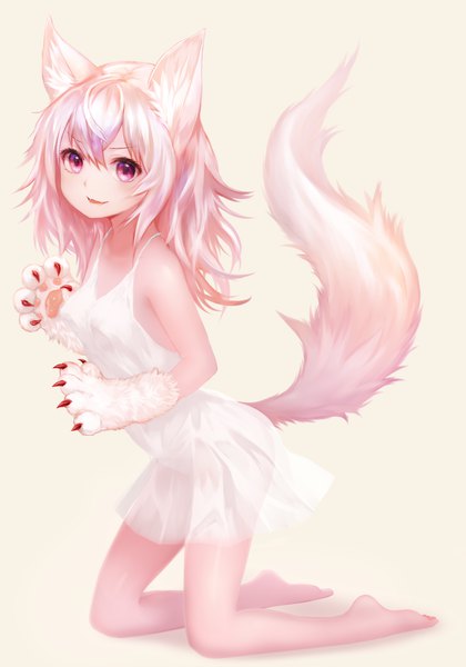 Anime picture 1000x1428 with original suke single long hair tall image looking at viewer fringe breasts open mouth light erotic smile hair between eyes bare shoulders animal ears pink hair tail animal tail pink eyes barefoot bare legs