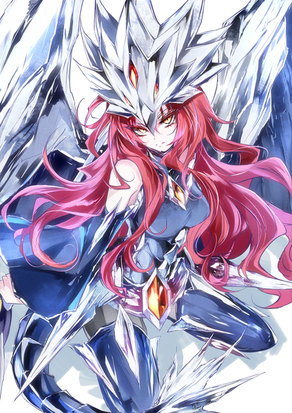 Anime picture 1000x1414 with yu-gi-oh! the nekroz armor of gungnir pkk kanaria (fuusenkazura) single long hair tall image looking at viewer bare shoulders yellow eyes red hair tail from above kneeling wavy hair girl hair ornament wings boots thigh boots