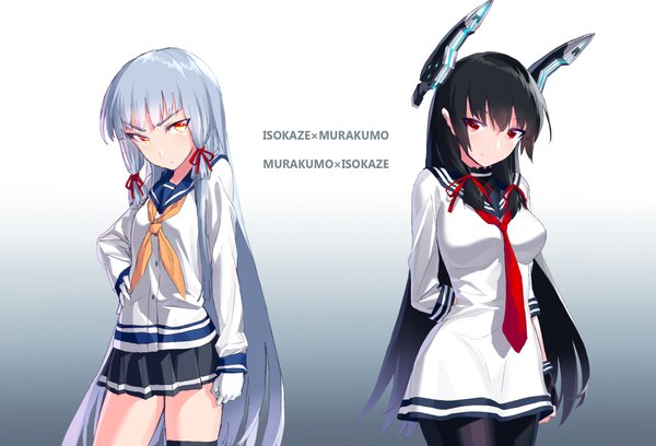 Anime picture 2056x1400 with kantai collection murakumo destroyer isokaze destroyer blew andwhite long hair looking at viewer fringe highres breasts black hair red eyes multiple girls very long hair head tilt light smile grey hair inscription midriff orange eyes zettai ryouiki
