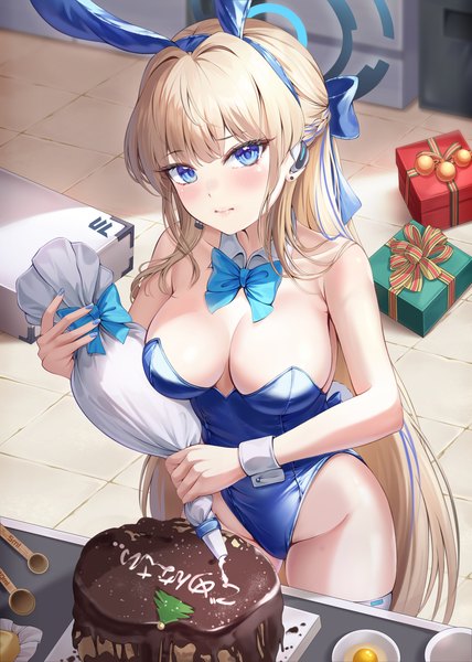 Anime-Bild 1400x1964 mit blue archive toki (blue archive) toki (bunny) (blue archive) bnari single long hair tall image looking at viewer blush fringe breasts blue eyes light erotic blonde hair standing bare shoulders holding animal ears blunt bangs bunny ears