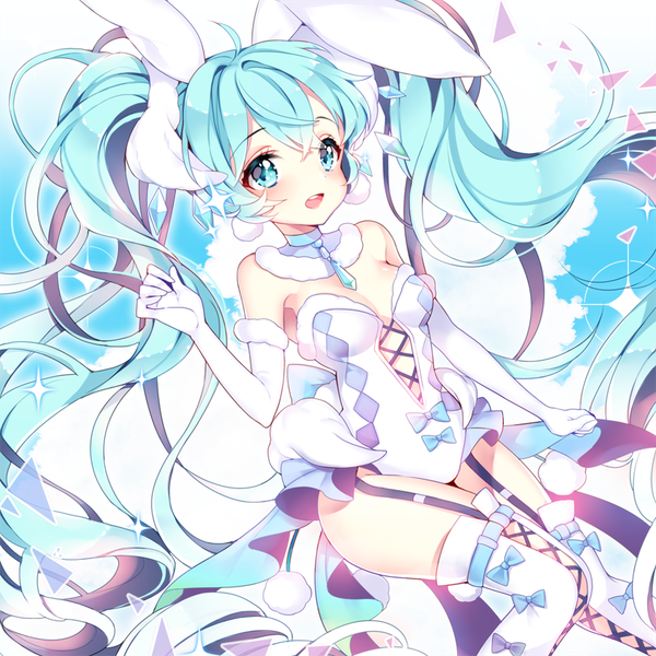 Anime picture 900x900 with vocaloid hatsune miku pingo single looking at viewer blush open mouth light erotic twintails animal ears cleavage ahoge very long hair aqua eyes aqua hair sparkle bunny ears girl gloves elbow gloves