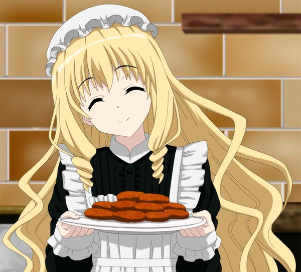 Anime picture 1000x905 with amagi brilliant park kyoto animation latifa fleuranza cp9a single long hair blonde hair smile eyes closed drill hair girl dress food bonnet