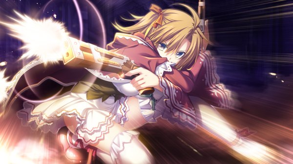Anime picture 1280x720 with tenbin no la dea eushully suri leyssen single fringe short hair breasts blue eyes blonde hair wide image twintails holding game cg bent knee (knees) wide sleeves zettai ryouiki short twintails crossed arms serious dual wielding