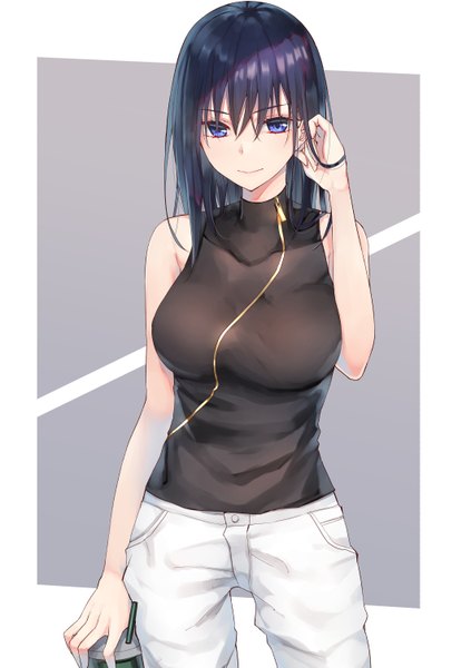 Anime picture 1062x1505 with original piripun single long hair tall image looking at viewer fringe breasts blue eyes black hair simple background smile hair between eyes standing bare shoulders holding arm up grey background sleeveless casual