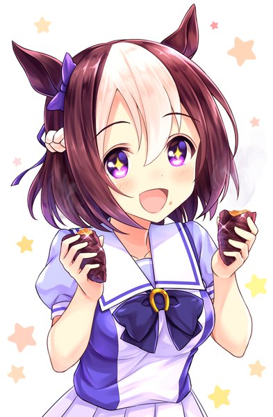 Anime picture 1378x2103 with umamusume special week (umamusume) tomo (tmtm mf mf) single tall image blush fringe short hair open mouth brown hair purple eyes animal ears upper body :d multicolored hair two-tone hair sparkle symbol-shaped pupils horse ears + +