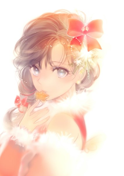 Anime-Bild 650x918 mit original lpip single long hair tall image looking at viewer simple background brown hair white background light smile grey eyes christmas close-up shiny girl hair ornament bow food fur beads