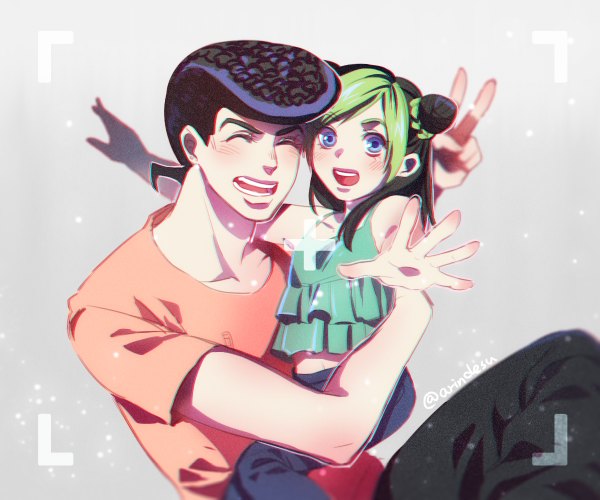 Anime picture 1200x1000 with jojo no kimyou na bouken kujo jolyne higashikata jousuke rin2010 looking at viewer blush short hair open mouth blue eyes black hair simple background signed braid (braids) eyes closed multicolored hair green hair grey background two-tone hair hair bun (hair buns) hug