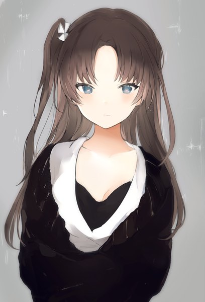 Anime-Bild 620x911 mit original lpip single long hair tall image looking at viewer blush fringe breasts blue eyes simple background brown hair cleavage upper body gradient background side ponytail girl sweater