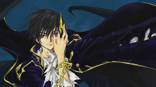 Anime picture 1280x720 with code geass sunrise (studio) clamp lelouch lamperouge single black hair wide image purple eyes torn clothes boy chain cap