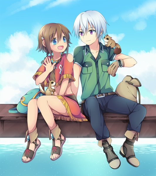 Anime picture 886x1000 with suisei no gargantia production i.g amy (suisei no gargantia) ledo (suisei no gargantia) soranagi tall image blush short hair open mouth blue eyes smile brown hair sitting purple eyes looking away sky silver hair cloud (clouds) :d couple