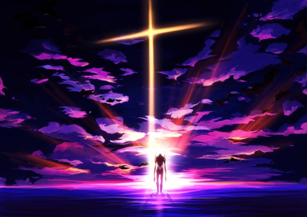 Anime picture 3508x2480 with neon genesis evangelion gainax eva 01 craft ghost highres absurdres sky cloud (clouds) evening sunset landscape cross mecha