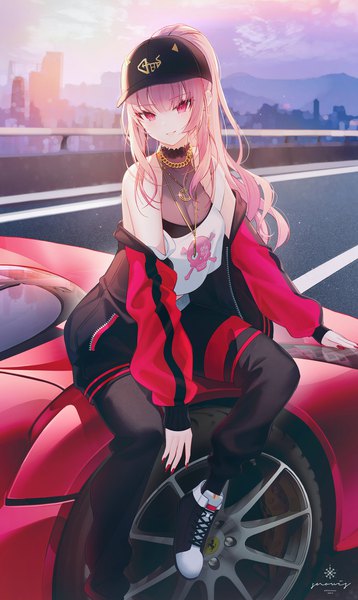Anime picture 1500x2511 with virtual youtuber hololive hololive english ferrari mori calliope mori calliope (streetwear) snow is single long hair tall image looking at viewer blush fringe breasts smile sitting signed pink hair sky cloud (clouds)