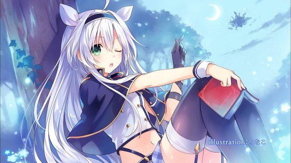 Anime picture 1920x1080 with rokudenashi majutsu kouji to akashic record lidenfilms sistine fiber tsunako single long hair blush fringe highres open mouth hair between eyes wide image sitting holding green eyes signed payot silver hair ahoge bent knee (knees)