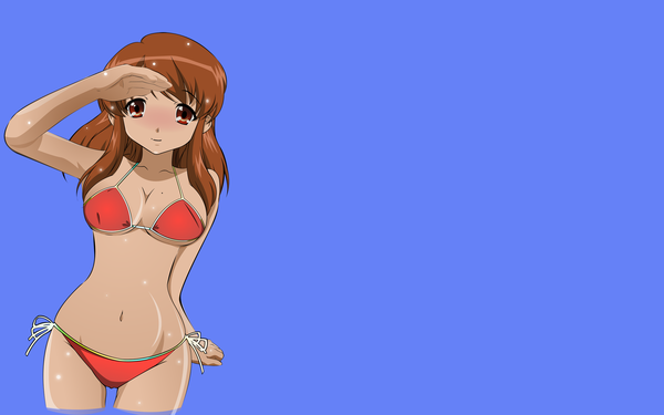 Anime picture 2560x1600 with suzumiya haruhi no yuutsu kyoto animation asahina mikuru highres wide image blue background girl swimsuit bikini red bikini