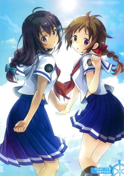 Anime picture 2701x3840 with high school fleet uchida mayumi yagi tsugumi shuri yasuyuki long hair tall image looking at viewer blush highres open mouth black hair brown hair purple eyes multiple girls braid (braids) scan official art girl skirt bow