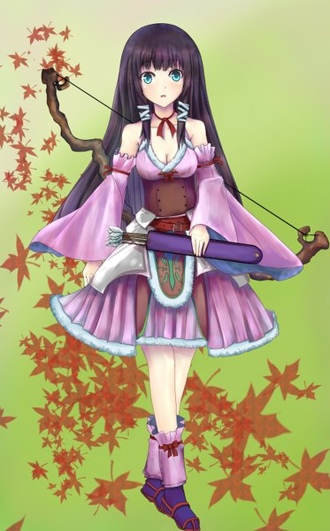 Anime picture 1936x3112 with original kero (tomoki-tiger) single long hair tall image blush highres blue eyes black hair girl detached sleeves leaf (leaves) bow (weapon) arrow (arrows)