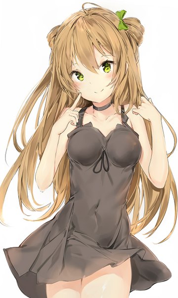 Anime-Bild 1500x2500 mit girls frontline rfb (girls frontline) silver (chenwen) single long hair tall image looking at viewer fringe simple background smile hair between eyes brown hair white background bare shoulders green eyes ahoge head tilt hair bun (hair buns) dress lift girl