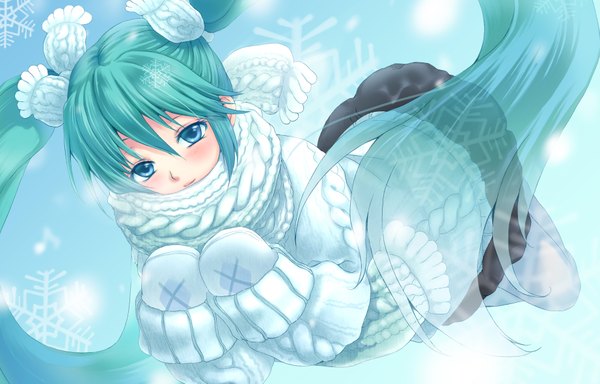 Anime picture 1843x1181 with vocaloid hatsune miku single long hair blush highres blue eyes twintails very long hair light smile aqua hair transparent girl scarf sweater snowflake (snowflakes) mittens