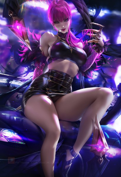 Anime picture 2395x3500 with league of legends k/da (league of legends) evelynn (league of legends) k/da evelynn sakimichan single long hair tall image looking at viewer blush fringe highres breasts light erotic hair between eyes sitting bare shoulders yellow eyes pink hair bent knee (knees)