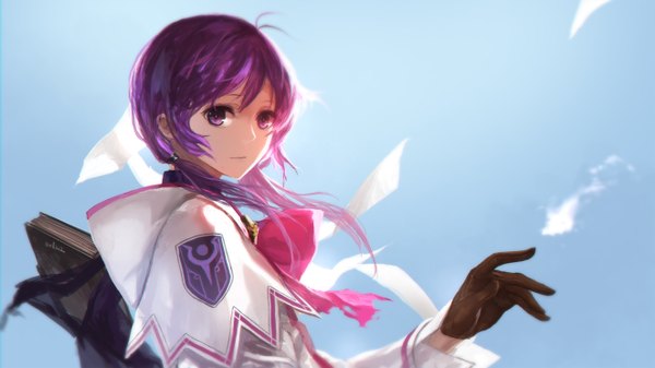 Anime picture 1323x744 with elsword aisha landar elemental master (elsword) swd3e2 single long hair looking at viewer simple background wide image purple eyes twintails signed purple hair wind girl gloves uniform earrings black gloves book (books)