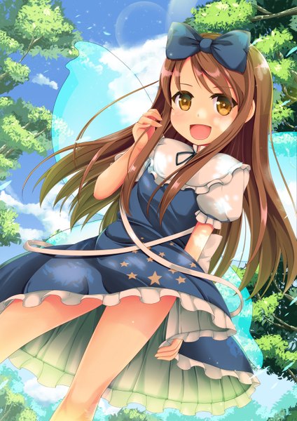 Anime picture 1000x1414 with touhou star sapphire niiya single long hair tall image looking at viewer blush open mouth smile brown hair yellow eyes sky cloud (clouds) insect wings butterfly wings girl dress bow plant (plants)