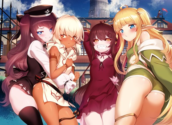 Anime picture 1328x964 with tanaka the wizard rocoroco edita (tanaka the wizard) christina (tanaka the wizard) mdastarou long hair looking at viewer blush fringe short hair open mouth blue eyes light erotic blonde hair smile brown hair sitting bare shoulders multiple girls payot