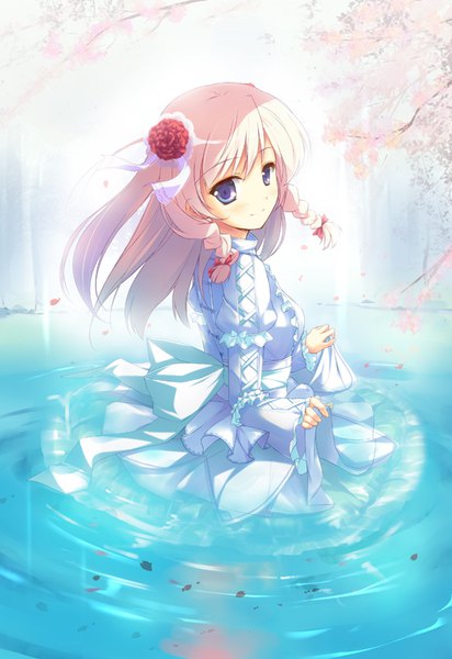 Anime picture 550x800 with original ryoumoto ken single long hair tall image looking at viewer fringe blue eyes hair between eyes pink hair braid (braids) long sleeves looking back hair flower light smile puffy sleeves twin braids partially submerged cherry blossoms girl
