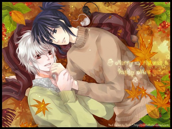 Anime picture 1110x834 with no.6 studio bones nezumi (no.6) shion (no.6) mrsloth (artist) short hair black hair smile red eyes signed silver hair lying holding hands border christmas shounen ai face paint merry christmas happy new year boy