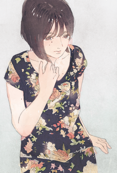 Anime picture 560x822 with original wamizu single tall image short hair simple background brown hair brown eyes from above grey background mole mole under eye floral print girl skirt skirt set blouse