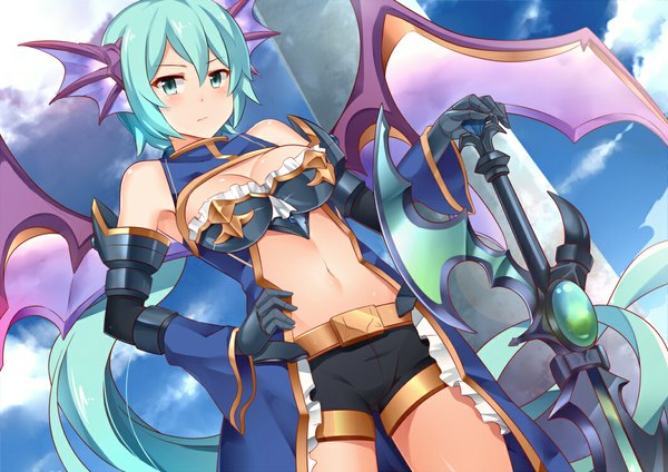 Anime picture 1060x750 with brave frontier (game) lucina (brave frontier) mmrailgun single blush light erotic sky cloud (clouds) very long hair aqua eyes aqua hair hand on hip head wings demon wings girl navel weapon wings shorts armor