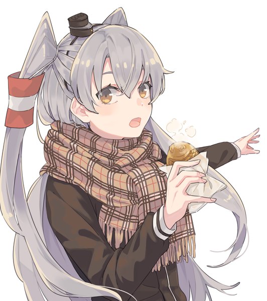 Anime picture 1500x1692 with kantai collection amatsukaze destroyer ichiroku (sakumogu-029) single long hair tall image looking at viewer fringe open mouth simple background hair between eyes white background brown eyes upper body grey hair two side up outstretched arm girl hat food