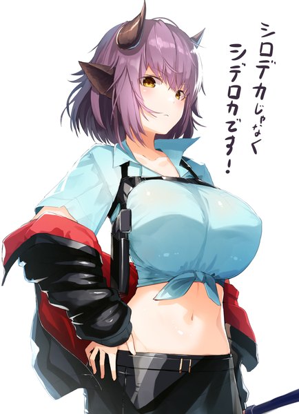 Anime picture 1000x1381 with arknights sideroca (arknights) meth (emethmeth) single tall image looking at viewer short hair breasts light erotic simple background white background animal ears yellow eyes purple hair upper body horn (horns) midriff huge breasts text front-tie top