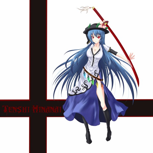 Anime picture 2000x2000 with touhou hinanawi tenshi gmot single long hair highres red eyes blue hair girl weapon hat sword boots katana